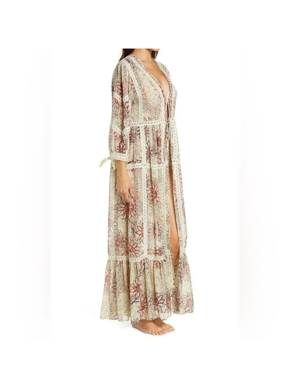 Free People Intimately Lace Long Robe Grasslands Kimono Size XS/S